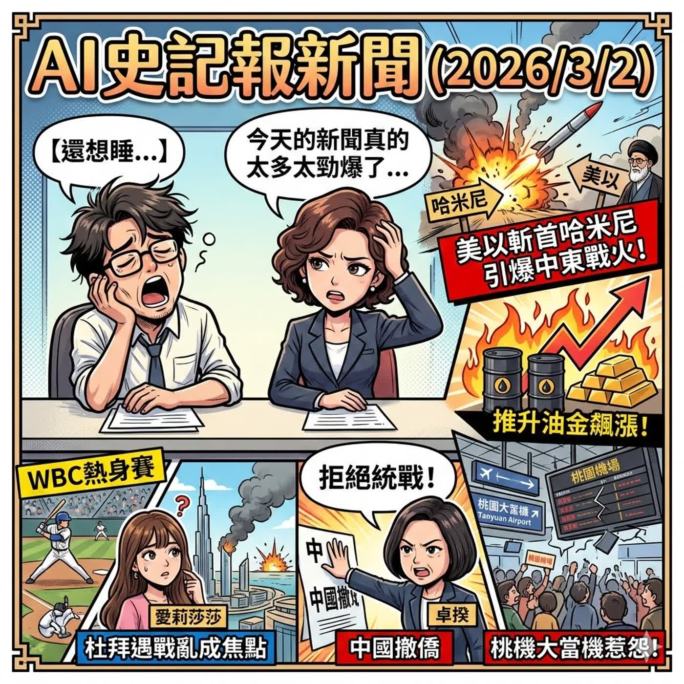 【還想睡】美以斬首哈米尼引爆中東戰火推升油金！桃機大當機惹怨、卓揆拒中撤僑統戰，WBC熱身賽與愛莉莎莎杜拜遇戰亂成焦點 - AI史記報新聞（2026/3/2) episode artwork
