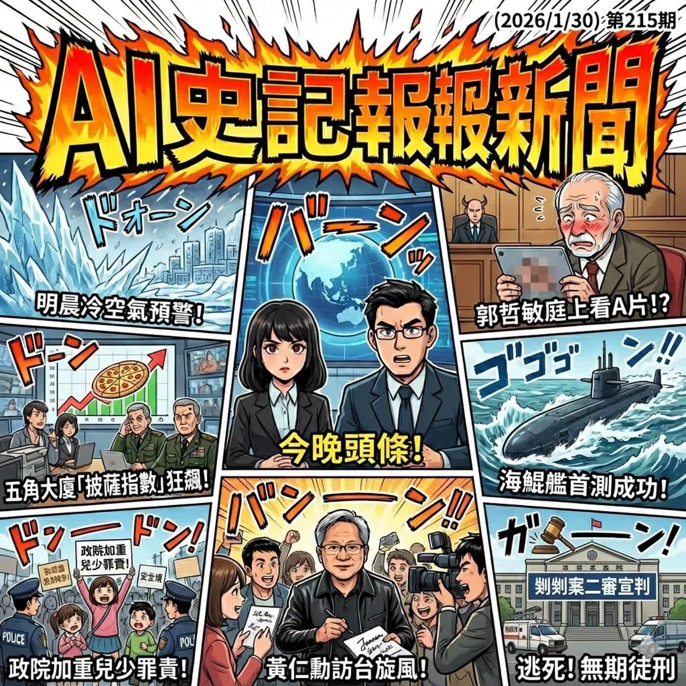 【又不冷】明晨冷空氣預警、郭哲敏庭上看A片、五角大廈狂飆披薩指數、海鯤艦首測、政院加重兒少罪責、黃仁勳訪台、剴剴案二審逃死- AI史記報新聞（2026/1/30) episode artwork