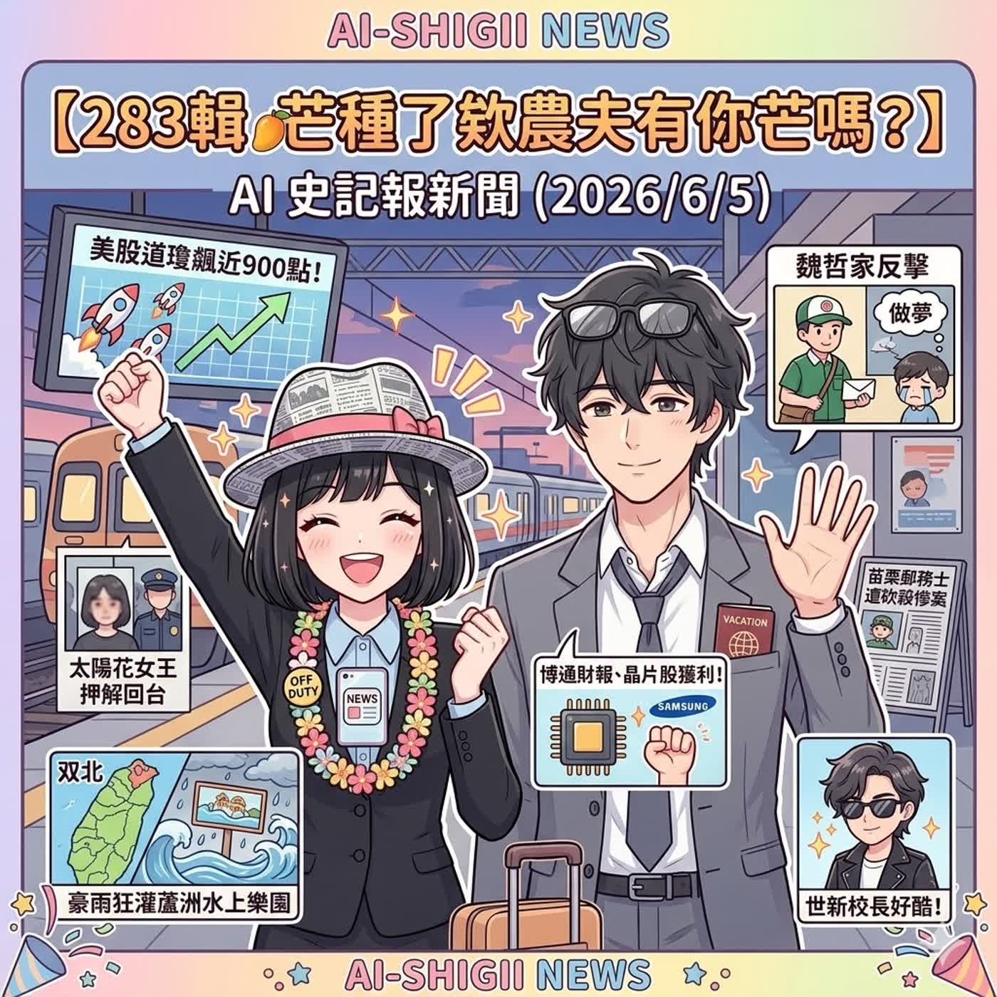 【283輯 芒種了欸農夫有你芒嗎?】美股道瓊飆近900點、博通財報晶片股獲利了結！魏哲家幽默反擊三星做夢、苗栗郵務士遭砍殺慘案、太陽花女王劉喬安押解回台、豪雨狂灌雙北蘆洲變水上樂園、世新校長好酷！-  AI史記報新聞（2026/6/5) episode artwork