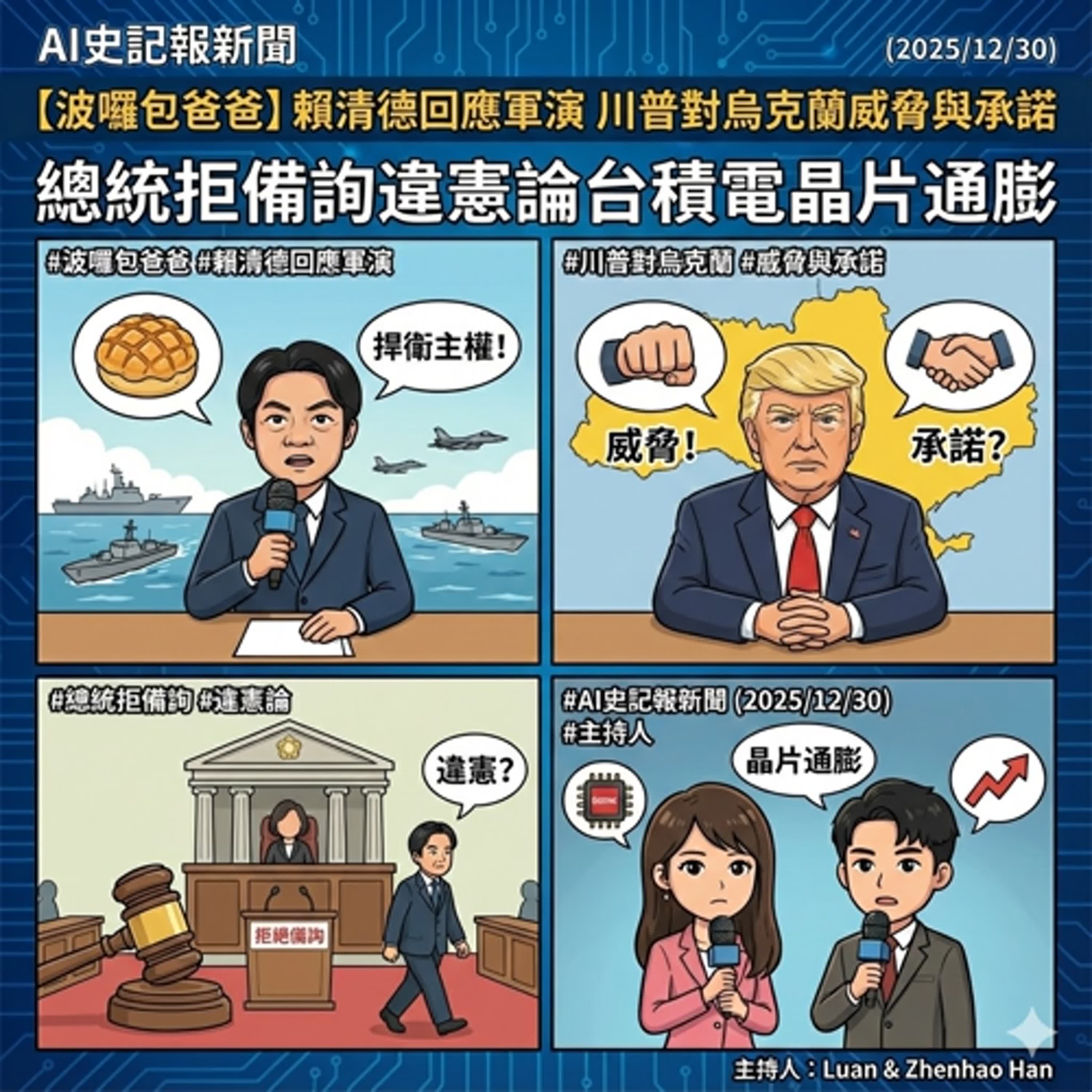【波囉包爸爸】賴清德回應軍演 川普對烏克蘭威脅與承諾 總統拒備詢違憲論台積電晶片通膨-  AI史記報新聞（2025/12/30) episode artwork