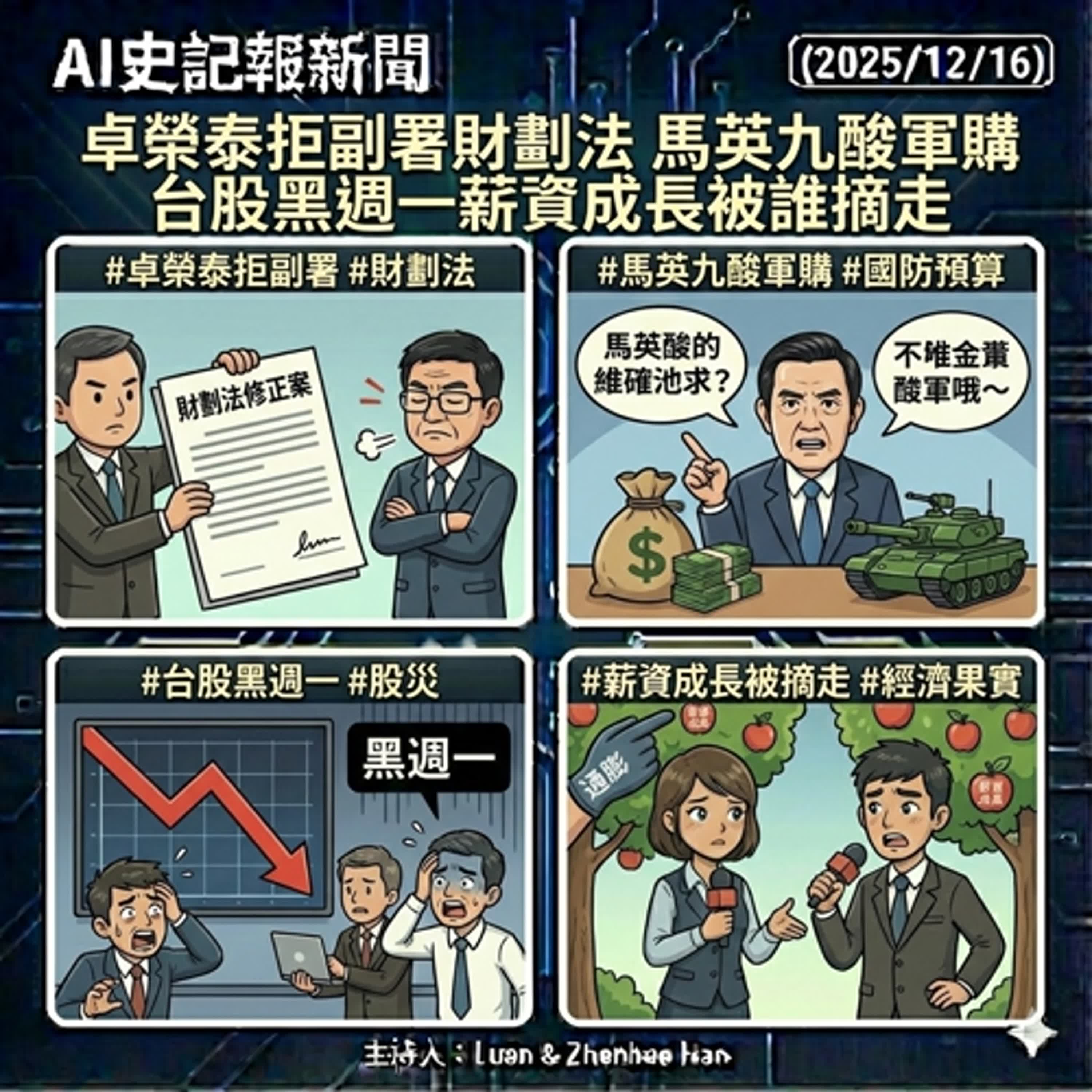 卓榮泰拒副署財劃法 馬英九酸軍購 台股黑週一薪資成長被誰摘走 - AI史記報新聞（2025/12/16) episode artwork