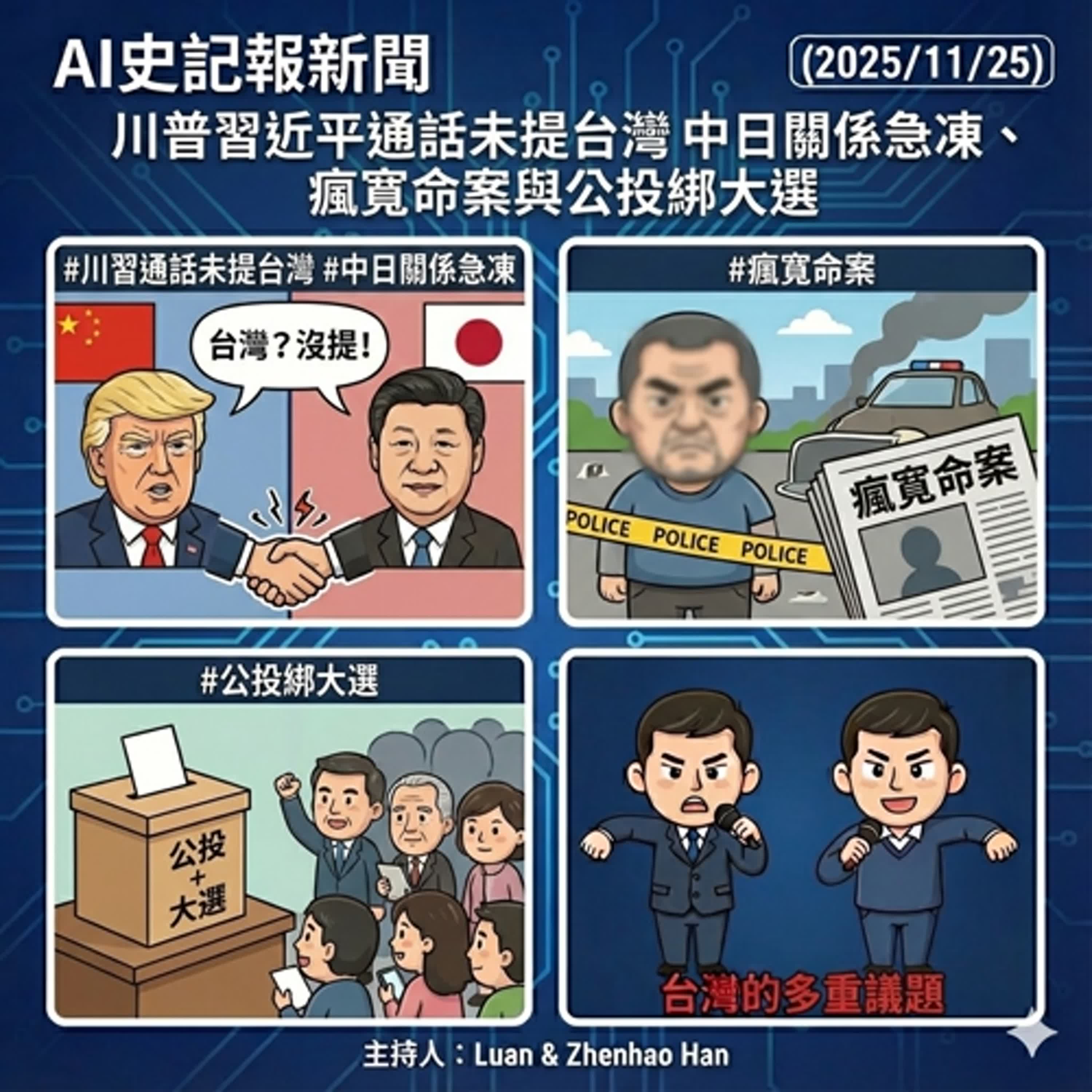 川普習近平通話未提台灣中日關係急凍、瘋寬命案與公投綁大選 - AI史記報新聞（2025/11/25） episode artwork