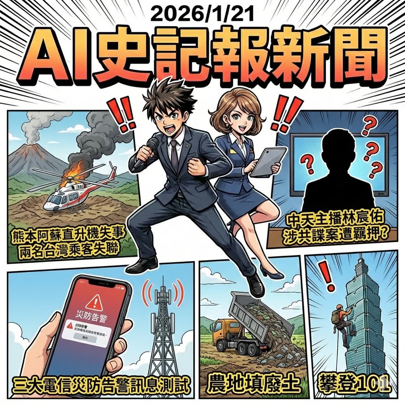【抱歉晚發!太冷太好睡了!】阿蘇火山直升機失事台灣乘客失聯、中天主播林宸佑涉共諜案遭羈押、三大電信於21日下午進行災防告警訊息測試 -  AI史記報新聞（2026/1/21) episode artwork
