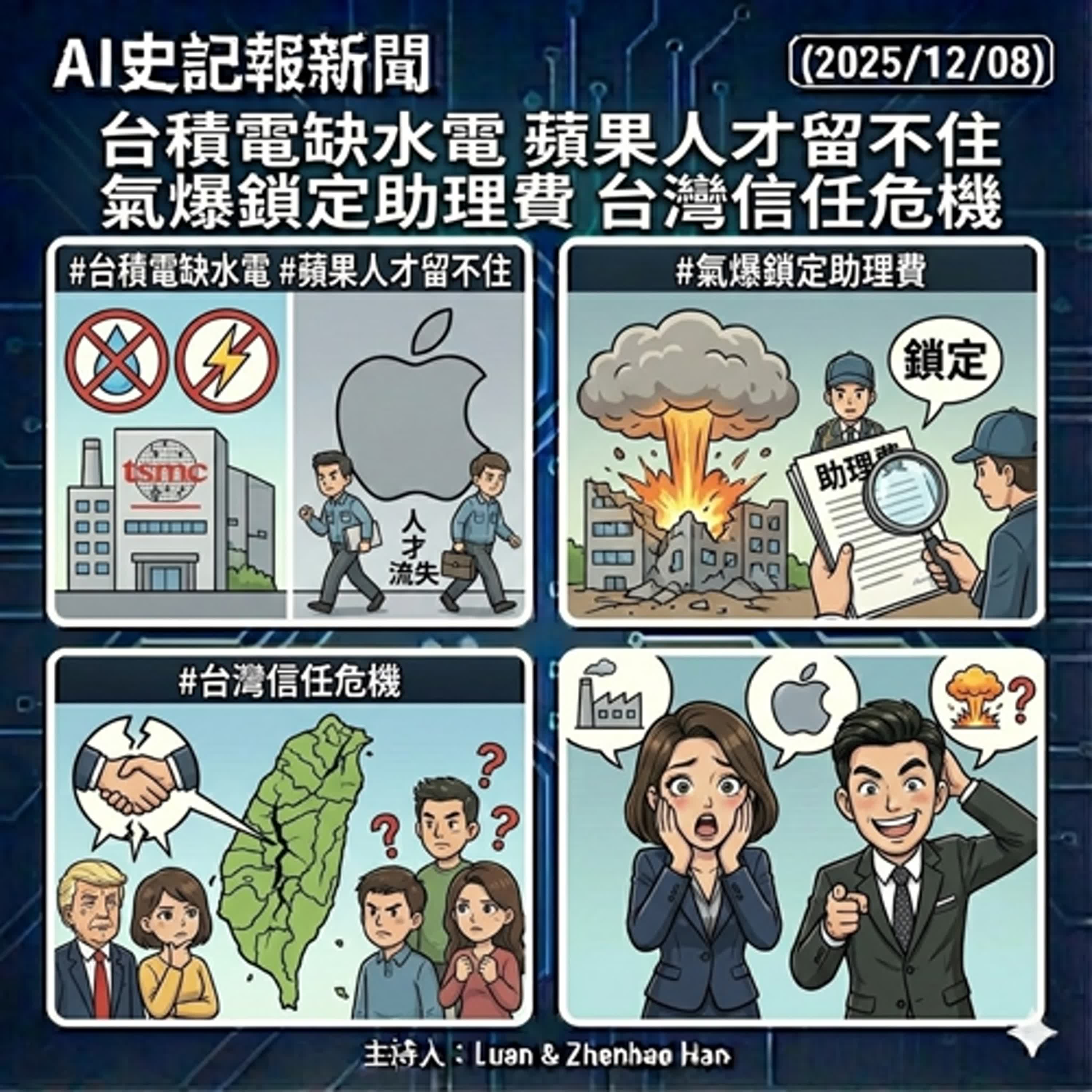 【Zzz】台積電缺水電 蘋果人才留不住 氣爆鎖定助理費 台灣信任危機   - AI史記報新聞（2025/12/08) episode artwork