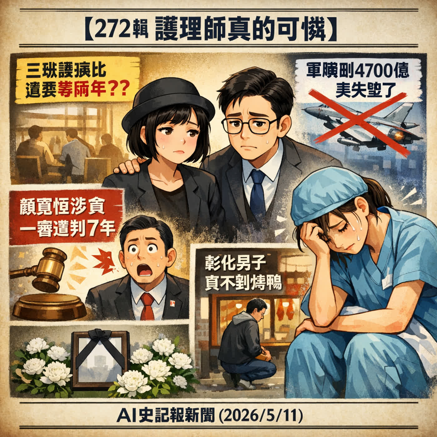 【272輯 護理師真的可憐】軍購刪4700億 美失望了、三班護病比還要等兩年？?太子集團偵結核心幹部全交保、顏寬恒涉貪一審遭判7年、賴永川辭世、彰化男子買不到烤鴨  -  AI史記報新聞（2026/5/11) episode artwork