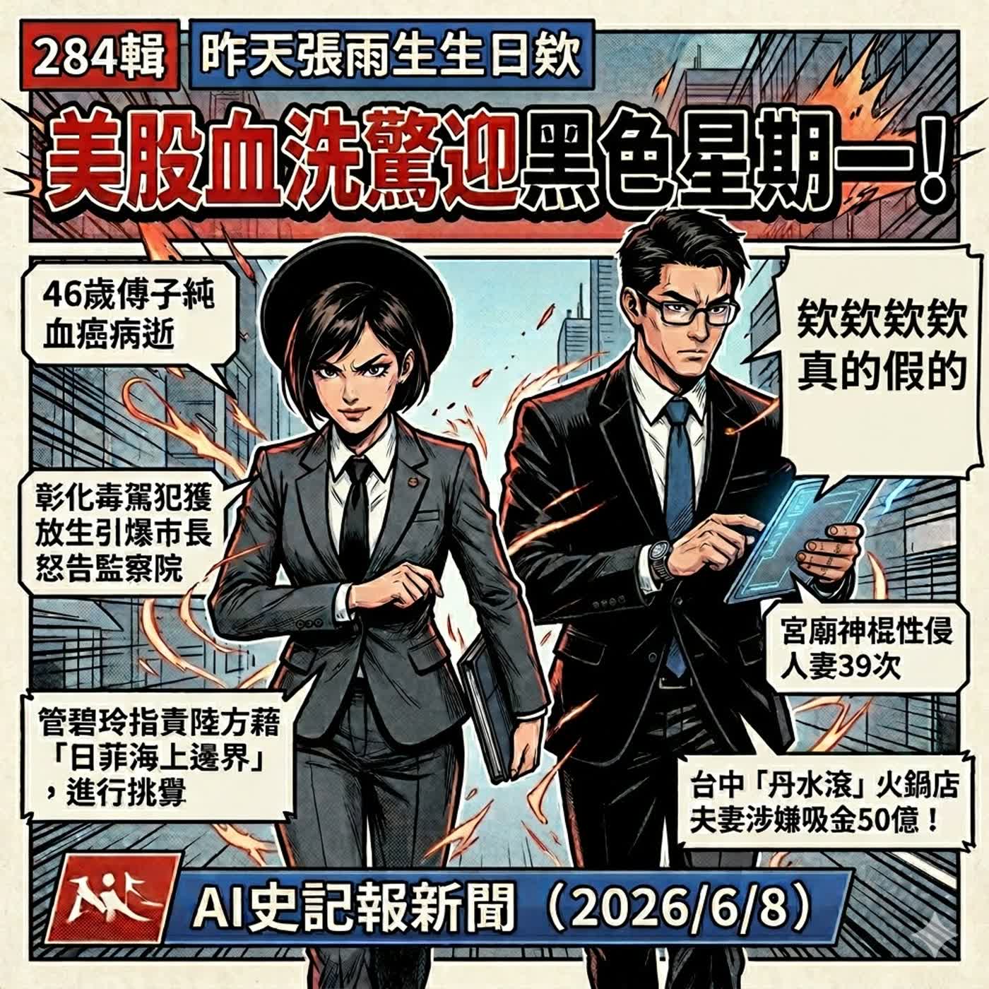 【284輯 昨天張雨生生日欸】美股血洗驚迎黑色星期一！46歲傅子純血癌病逝、彰化毒駕犯獲放生引爆市長怒告監察院，管碧玲指責陸方藉「日菲海上邊界」，進行挑釁、宮廟神棍性侵人妻39次、台中「丹水滾」火鍋店夫妻涉嫌吸金50億！-  AI史記報新聞（2026/6/8) episode artwork