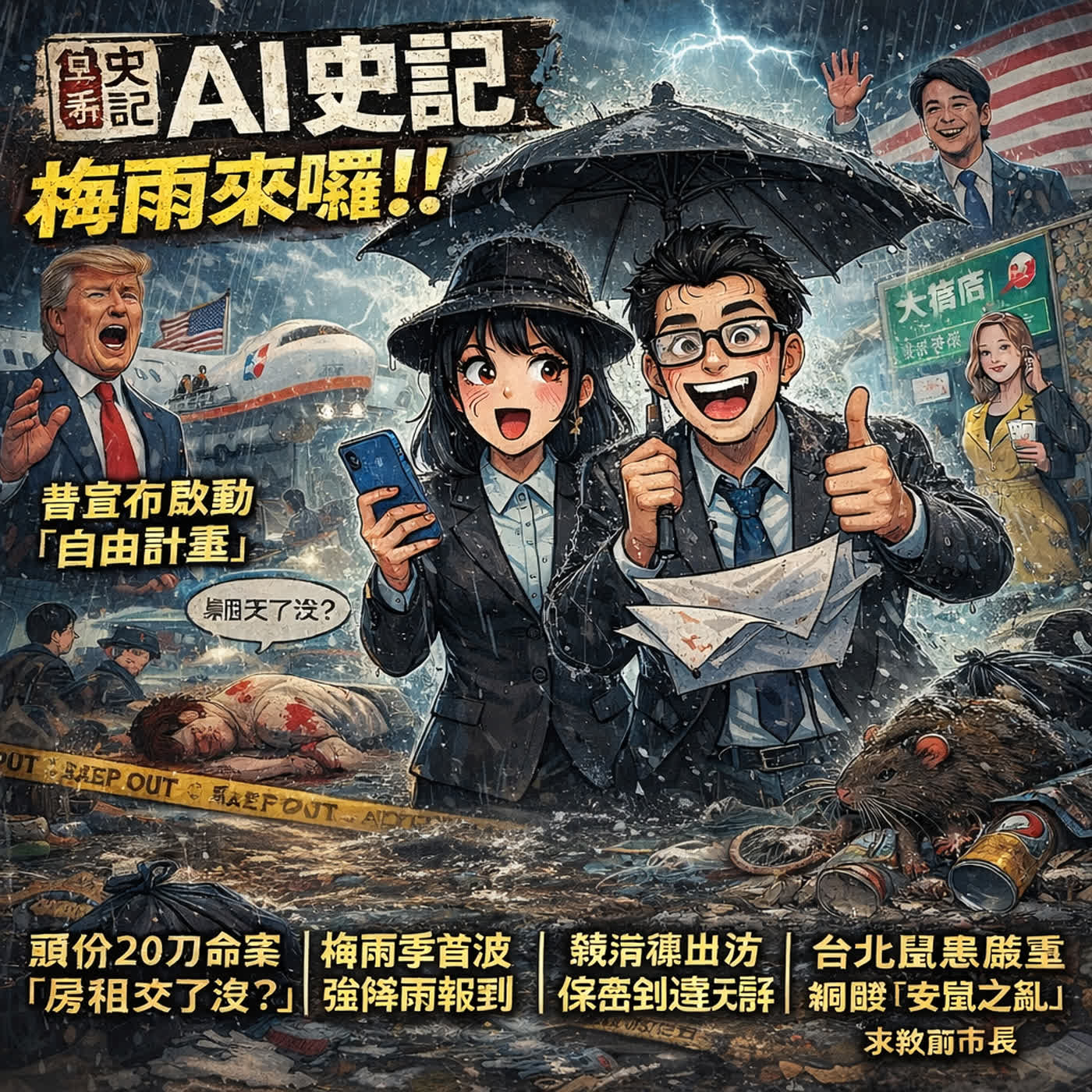 【梅雨來囉!!】普宣布啟動「自由計畫」、梅雨季首波強降雨報到、賴清德出訪保密到達史瓦帝尼、台北鼠患嚴重頭份命案網酸「安鼠之亂」求救前市長「房租交了沒」換20刀、- AI史記報新聞（2026/5/4) episode artwork
