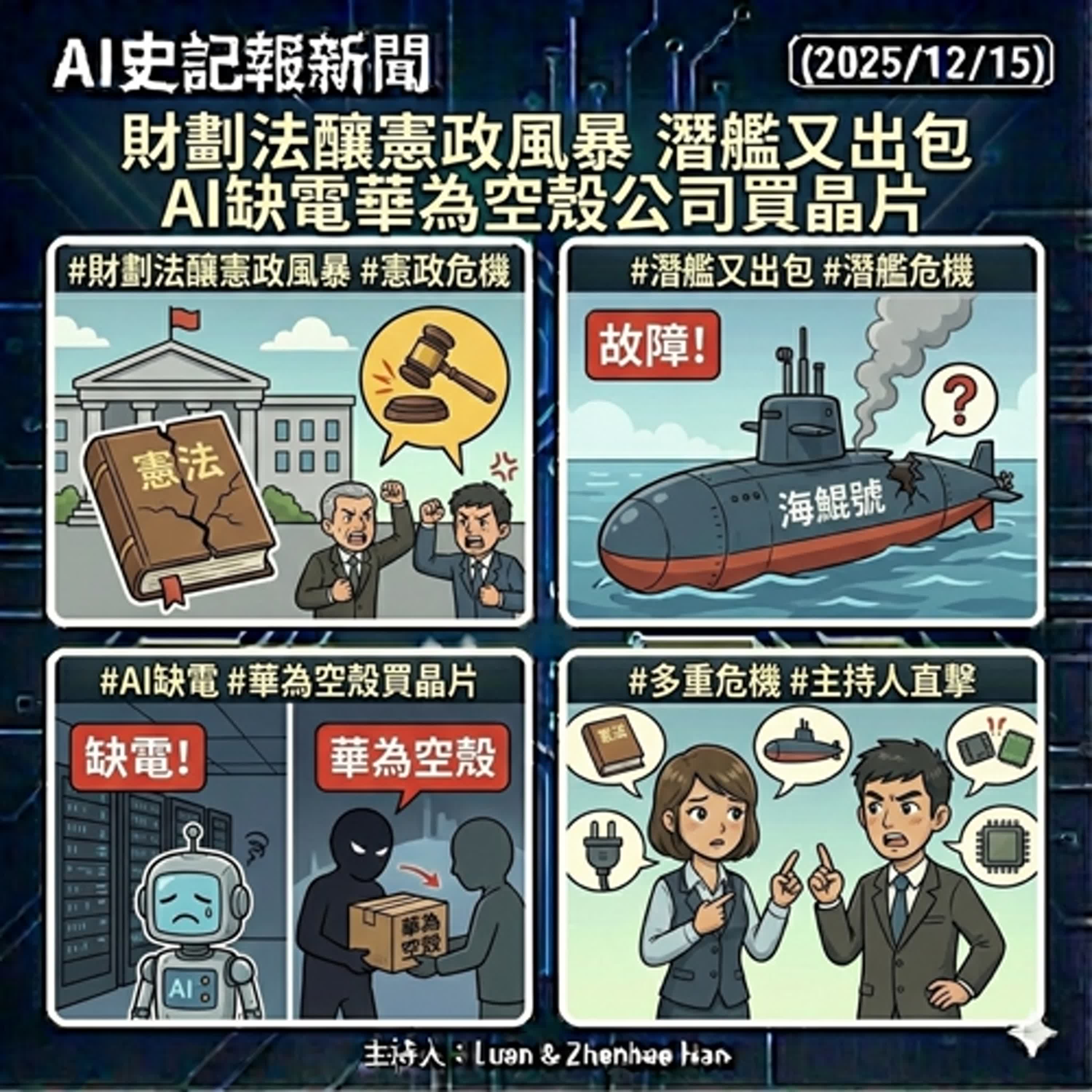 【出太陽囉】財劃法釀憲政風暴 潛艦又出包 AI缺電華為空殼公司買晶片 - AI史記報新聞（2025/12/15) episode artwork