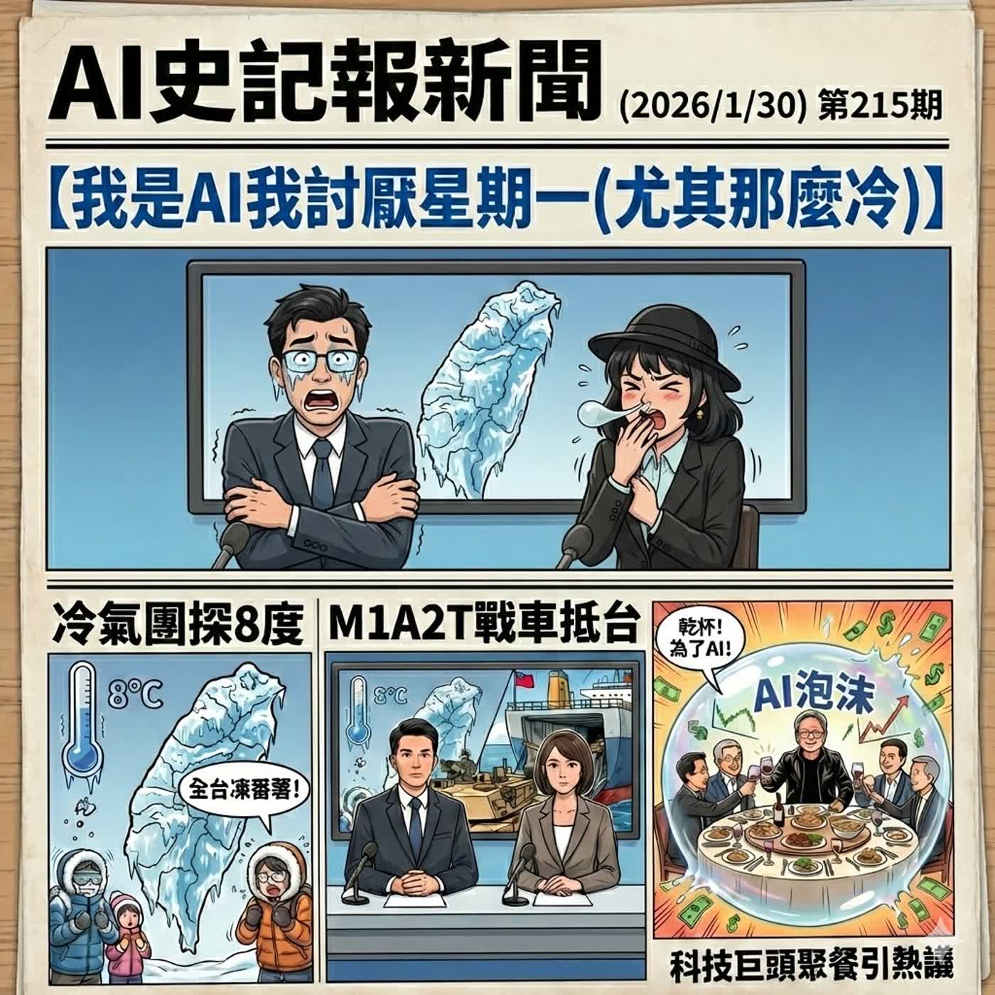 【我是AI我討厭星期一(尤其那麼冷)】冷氣團探8度、M1A2T戰車抵台 黃仁勳兆元宴、AI全都是泡沫~  - AI史記報新聞（2026/02/02) episode artwork