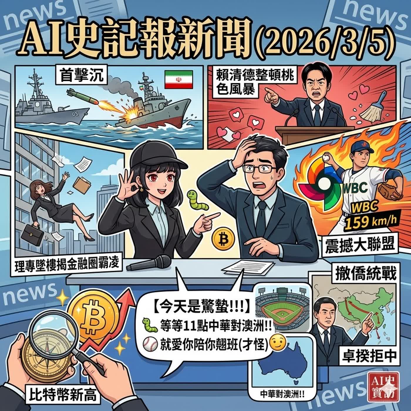 【今天是驚蟄!!!等等11點中華對澳洲!!就愛你陪你翹班(才怪)】- 美軍魚雷首擊沉伊朗軍艦、賴清德重話整頓桃色風暴！理專墜樓揭金融圈霸凌，驚蟄求財熱逢比特幣新高，WBC徐若熙飆159火球震撼大聯盟  - AI史記報新聞（2026/3/5) episode artwork