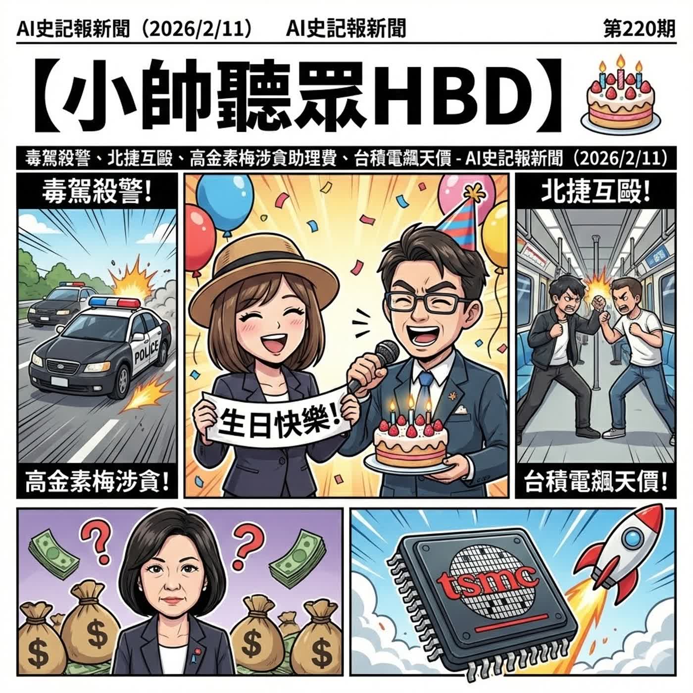 【小帥聽眾HBD!】毒駕殺警、北捷互毆、高金素梅涉貪助理費、台積電飆天價  -  AI史記報新聞（2026/2/11) episode artwork