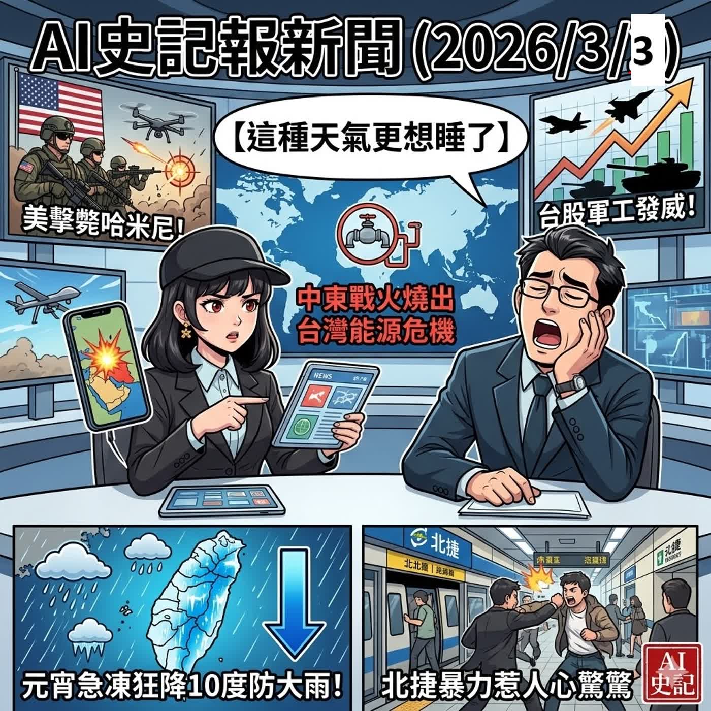 【這種天氣更想睡了】美擊斃哈米尼、台股軍工發威元宵急凍狂降10度防大雨！中東戰火燒出台灣能源危機，北捷暴力惹人心驚驚 - AI史記報新聞（2026/3/2) episode artwork