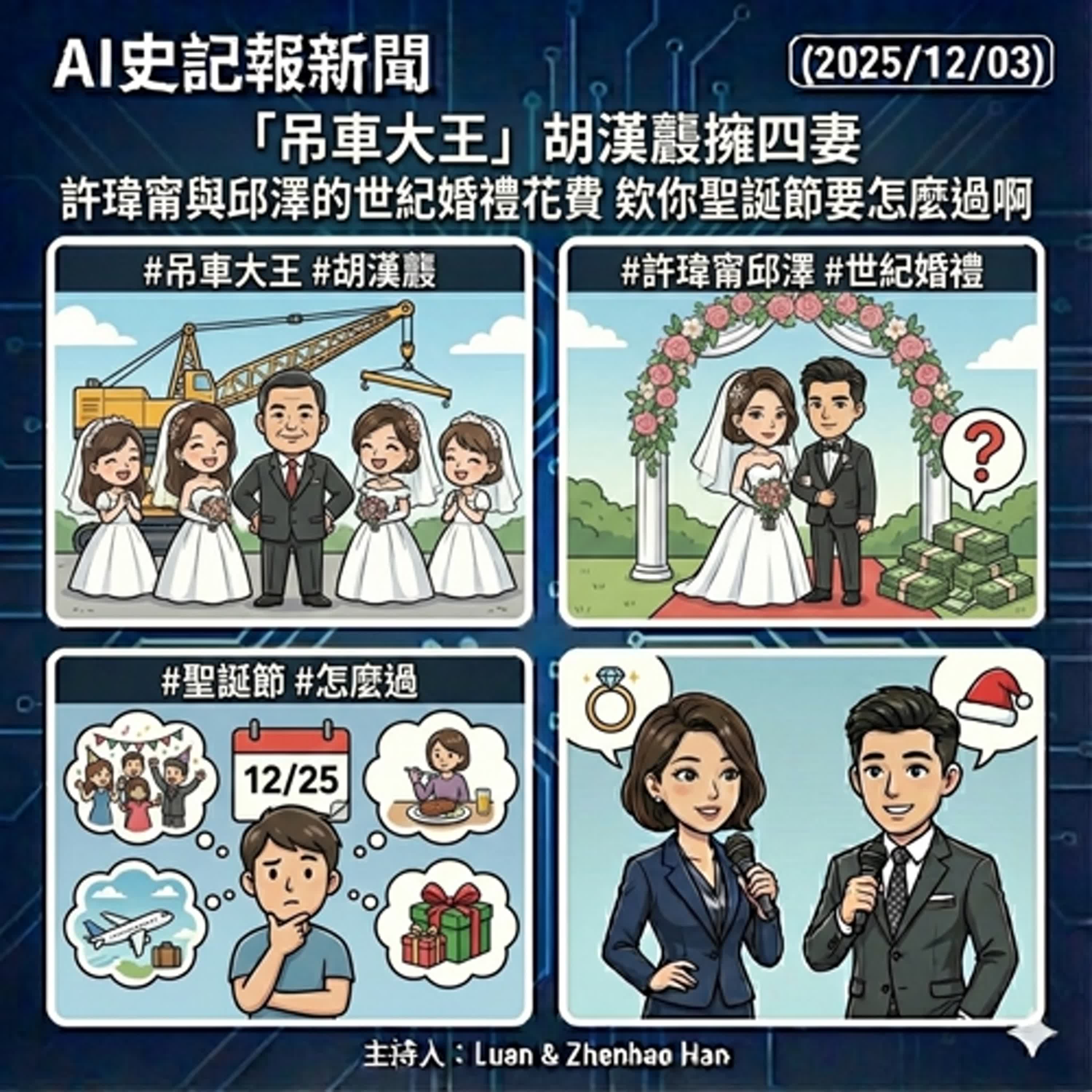 【胡漢龑擁四妻 許瑋甯與邱澤世紀婚禮 欸對了你聖誕節要怎麼過啊？】 美日台兵推嚇阻中國 宏都拉斯大選生變 春水堂食安危機 台灣鯛禁藥連爆 - AI史記報新聞（2025/12/03） episode artwork