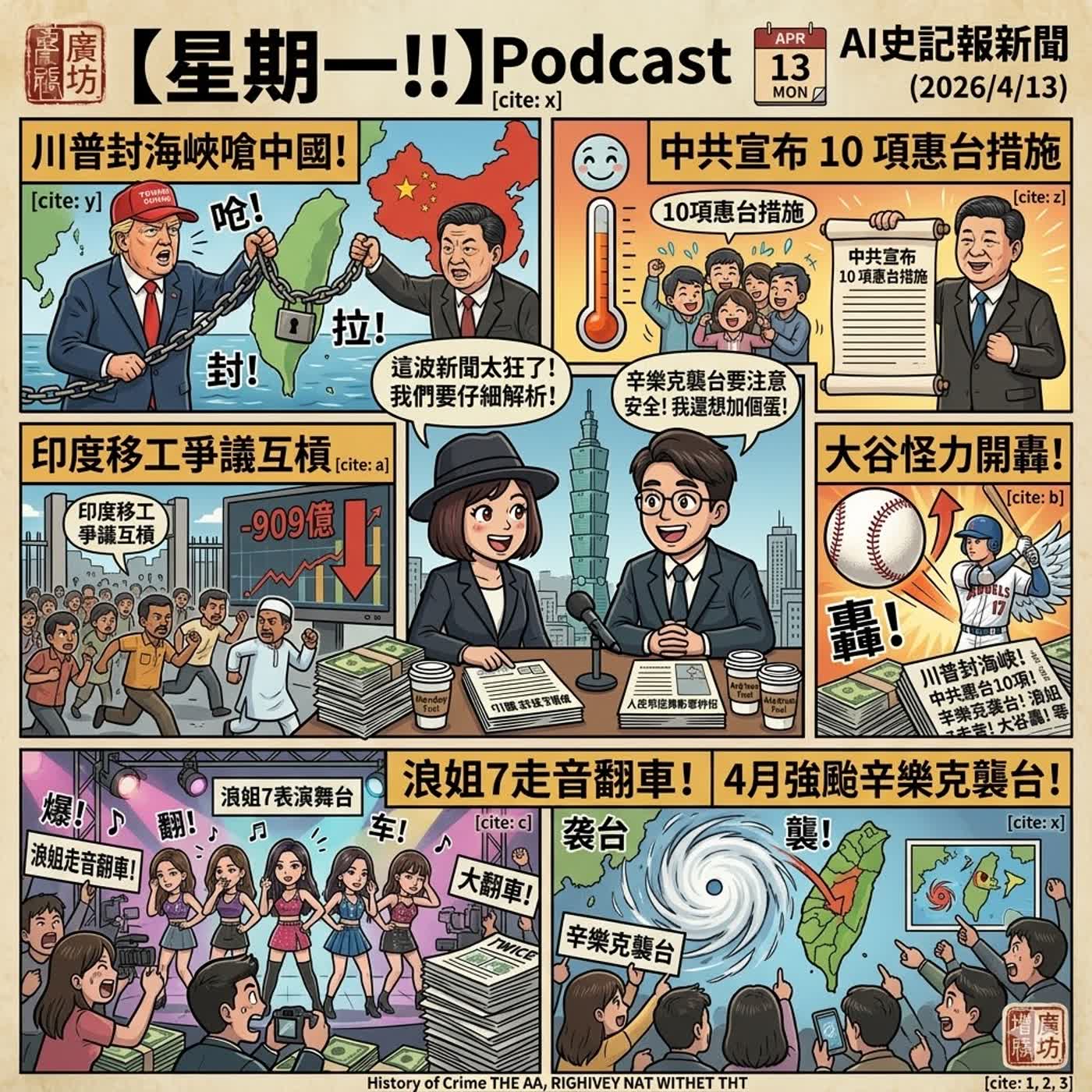 【印度移工要來惹媽?】川普封海峽嗆中國！中共宣布 10 項惠台措施、印度移工爭議互槓、4月強颱辛樂克襲台、大谷怪力開轟、浪姐7走音翻車！- AI史記報新聞（2026/4/13) episode artwork
