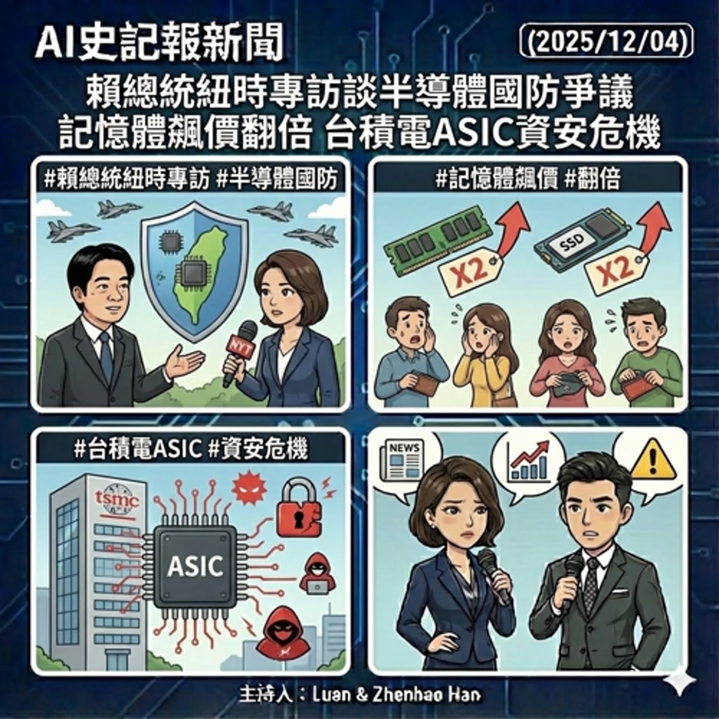 賴總統紐時專訪談半導體國防爭議 記憶體飆價翻倍 台積電ASIC資安危機 - AI史記報新聞（2025/12/04） episode artwork