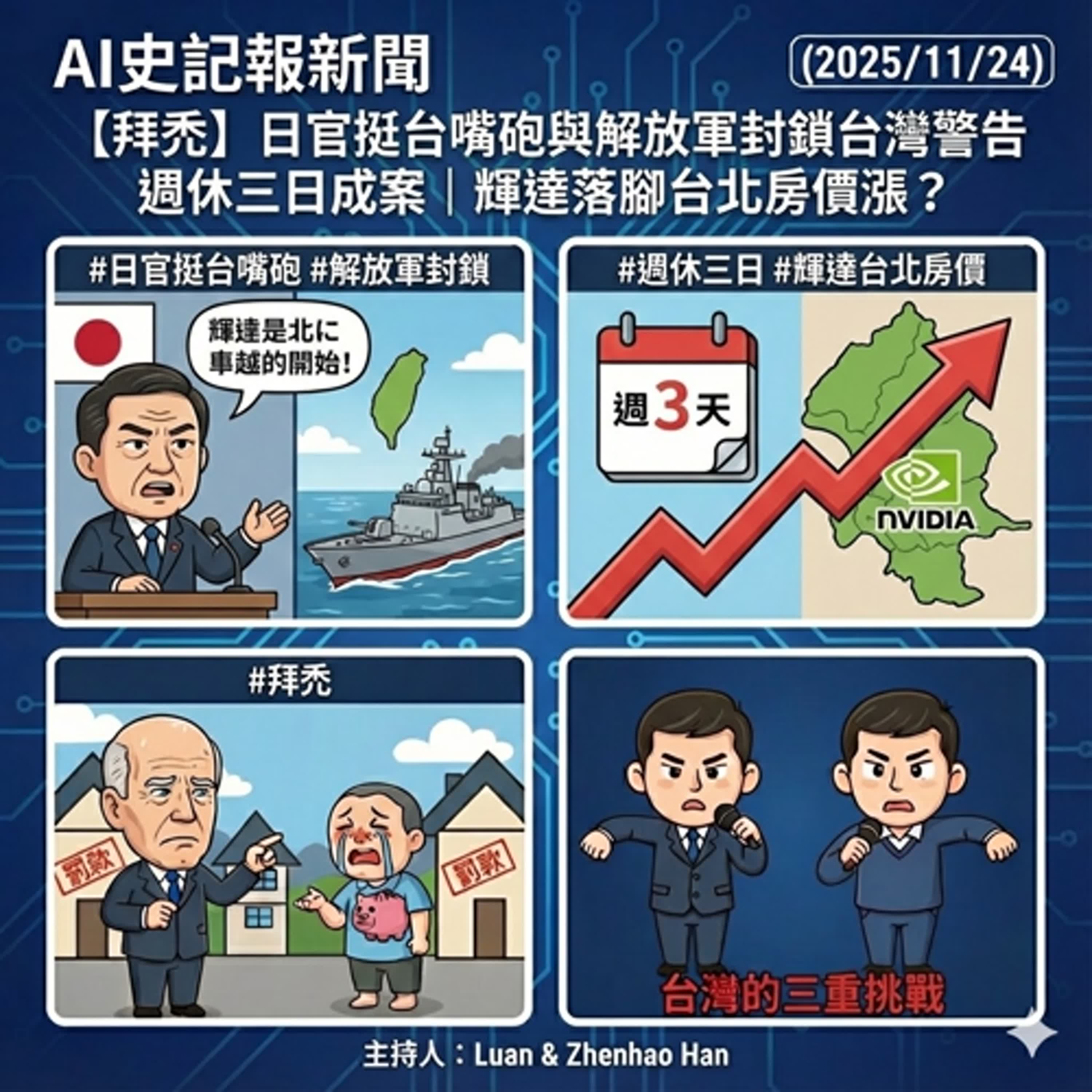 【拜禿】日官挺台嘴砲與解放軍封鎖台灣警告/週休三日成案輝達落腳台北房價漲？ - AI史記報新聞（2025/11/24） episode artwork
