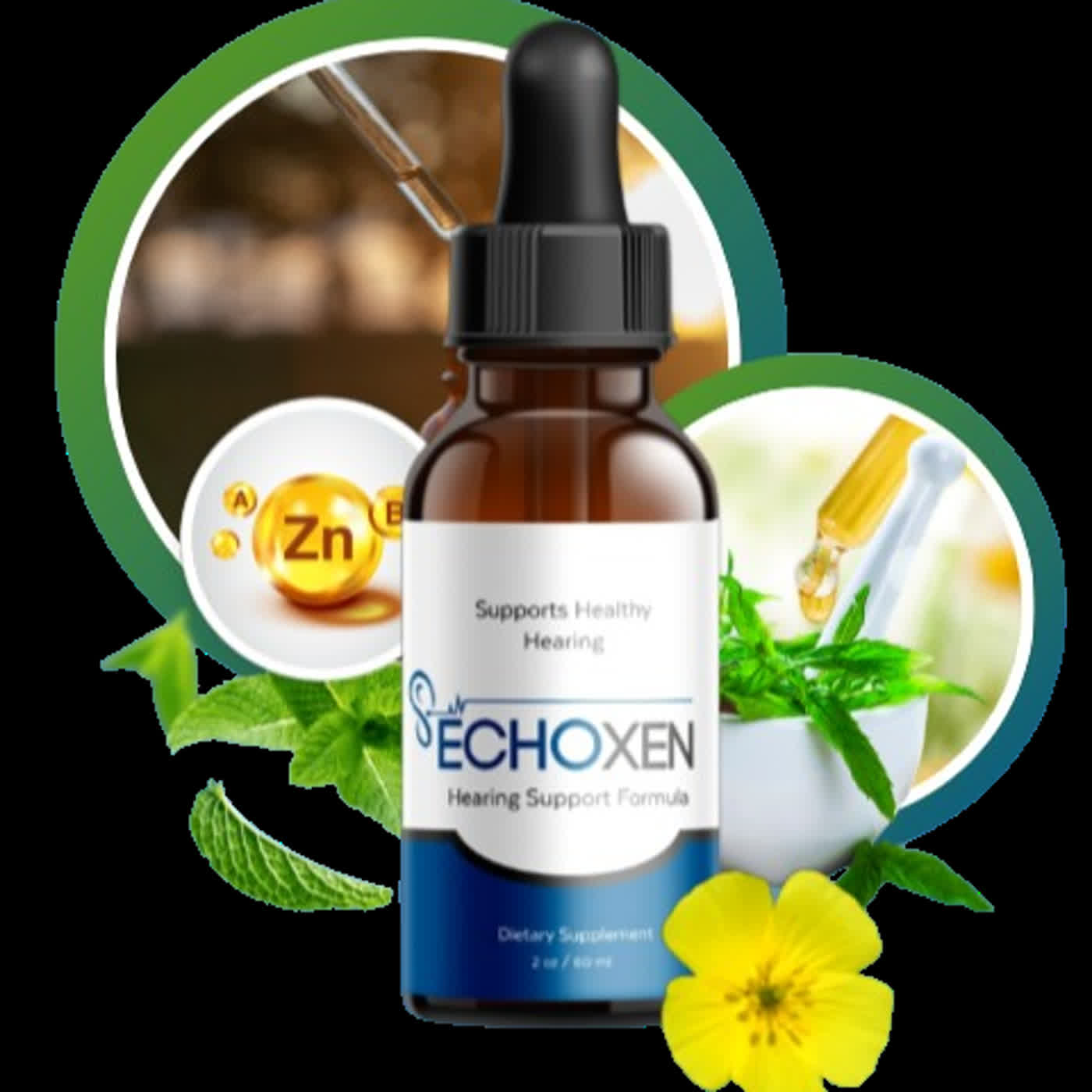 Echoxen supplement bottle and capsules placed on a wooden surface with natural herbal ingredients scattered around for an echoxen reviews guide
